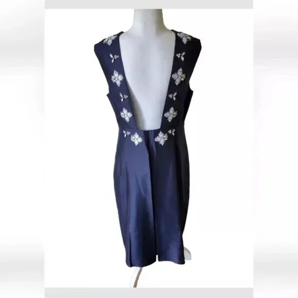 Tory Burch Navy BLUE SILK Colton Embellished Rhinestone OPEN Back dress 2 $700